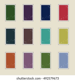 Blank postage stamps frame. Set of postal stamps and postmarks. Black isolated postage stamps.