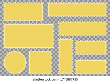 blank postage stamps frame, toothed border mailing postal sticker template vector illustration, isolated gold dark