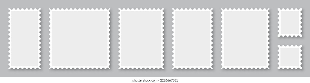 Blank postage stamps frames set. Mockup postage stamps with shadow. Postage stamp borders template collection. Realistic post stamps set. Vector illustration