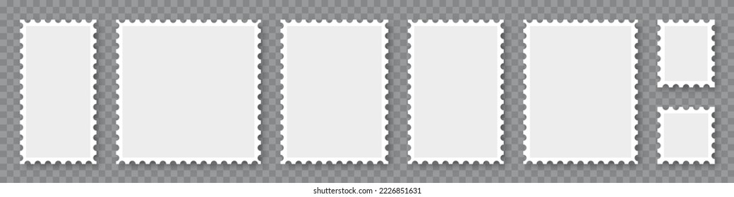 Blank postage stamps frames set. Mockup postage stamps with shadow. Postage stamp borders template collection. Realistic post stamps set. Vector illustration