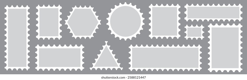 Blank Postage Stamps frames set. Postage stamp borders set vector Post stamps. Empty stamps set. Postal shapes border. Blank frames for mail letter. Postage perforated templates.