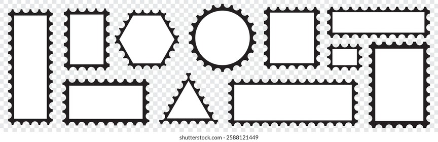 Blank Postage Stamps frames set. Postage stamp borders set vector Post stamps. Empty stamps set. Postal shapes border. Blank frames for mail letter. Postage perforated templates.