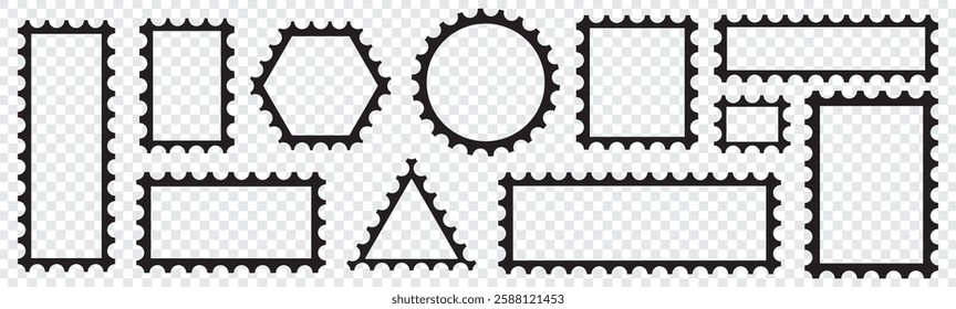 Blank Postage Stamps frames set. Postage stamp borders set vector Post stamps. Empty stamps set. Postal shapes border. Blank frames for mail letter. Postage perforated templates.