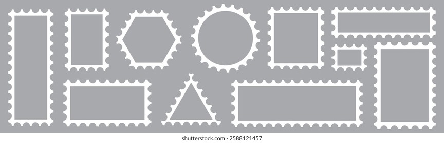 Blank Postage Stamps frames set. Postage stamp borders set vector Post stamps. Empty stamps set. Postal shapes border. Blank frames for mail letter. Postage perforated templates.