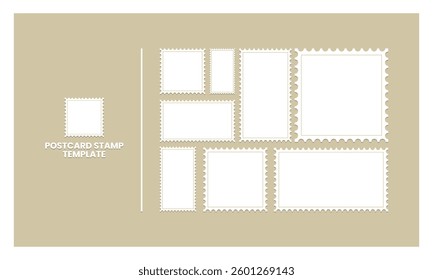 Blank Postage Stamps frames set - stock vector. Set of postcard stamps template. Mockup postage stamps.Jagged wavy edge forms. Vector illustration