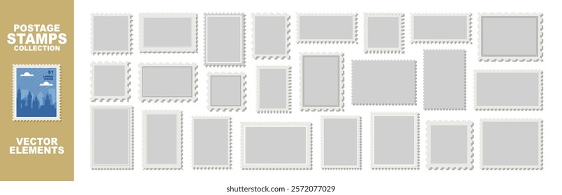 Blank postage stamps isolated on transparent background. Light postage stamps collection. Blank stamps for send envelope or letter