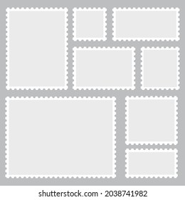 Blank Postage Stamps. Light Postage Stamps. Postage stamp borders isolated on gray background, vector illustration