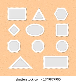 Blank postage stamps are on a background of old beige paper. Empty poststamp template is the white gray shapes of the rectangle, triangle, hexagon, rhombus, ellipse, square, octagon, and circle shapes