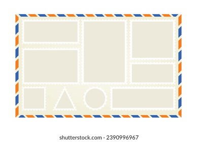 Blank postage stamps on envelope background. vintage blank postage stamps. Postage perforated templates. Collection paper postmarks isolated on background. Vector illustration