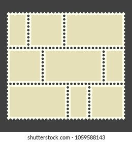 Blank postage stamps. Set on black background. Vector illustration.