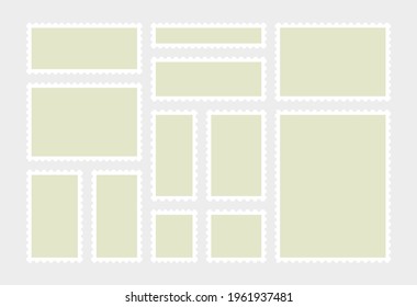 Blank postage stamps set on gray background. Collection of light blank green stamps. Flat style. Vector illustration. EPS-10