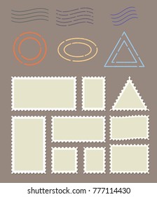Blank Postage Stamps Set on Dark Background. Vector illustration