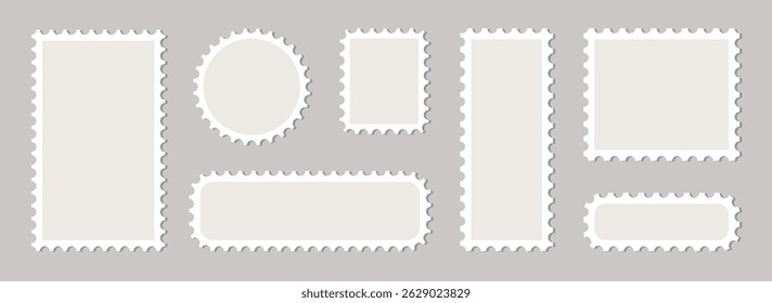 Blank postage stamps template. Mockup postage stamps with shadow. Realistic trendy post stamps set. Collection paper postmarks isolated on background. Vector illustration.