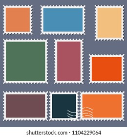 Blank postage stamps template set on dark background. Rectangle and square postage stamps for envelopes, postcards. Vector.