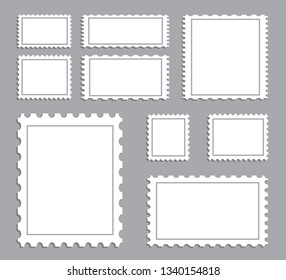 Blank postage stamps template set isolated on gray background. Collection of trendy postage stamps for label, sticker, app, mockup post stamp and wallpaper. Creative art concept, vector illustration