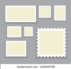 Blank postage stamps template set isolated on gray background. Collection of trendy postage stamps for label, sticker, app, mockup post stamp and wallpaper. Creative art concept, vector illustration