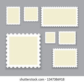 Blank postage stamps template set isolated on gray background. Collection of trendy postage stamps for label, sticker, app, mockup post stamp and wallpaper. Creative art concept, vector illustration