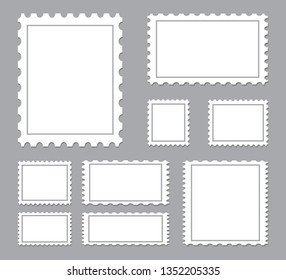 Blank postage stamps template set isolated on gray background. Collection of trendy postage stamps for label, sticker, app, mockup post stamp and wallpaper. Creative art concept, vector illustration