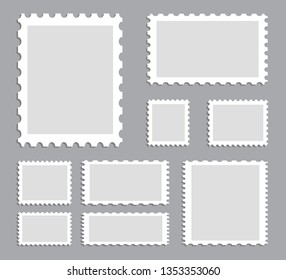 Blank postage stamps template set isolated on gray background. Collection of trendy postage stamps for label, sticker, app, mockup post stamp and wallpaper. Creative art concept, vector illustration