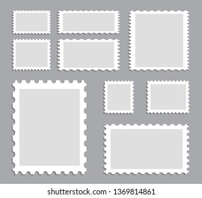 Blank postage stamps template set isolated on gray background. Collection of trendy postage stamps for label, sticker, app, mockup post stamp and wallpaper. Creative art concept, vector illustration