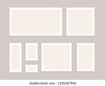 Blank postage stamps vector set isolated. Mark mail letter stamps design. Postal frame sticker.