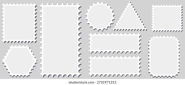 Conjunto de vetores de selos postais em branco isolado. Postar molduras e bordas de carimbo. Quadrado de artesanato em branco, retângulo, triângulo, adesivos de papel de forma redonda para coleção de modelo de cartão postal. 