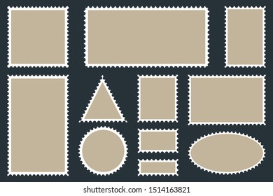 Blank postage stamps, vector templates for your images and text. Postage stamps on a dark background. Vector illustration.