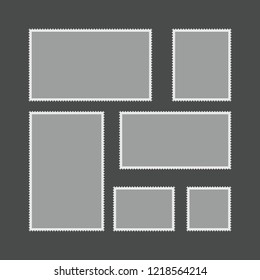 Blank postage stamp.Toothed border mailing postal sticker template in different size. Vector flat style cartoon illustration