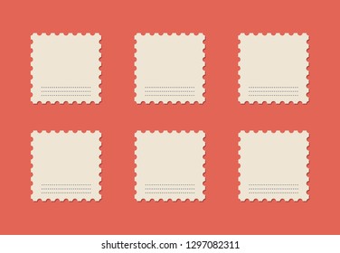 Blank postage vintage stamp vector illustration. Hipster set of stamps with shadows on a red background. Design template.