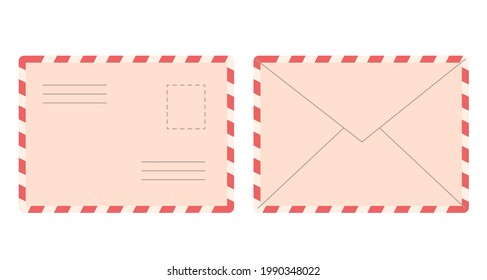 Blank postal retro old style envelope letter back and front view on isolated white background. Vector flat graphic design illustration