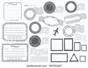 Blank postal stamps and foliage set.illustration vector