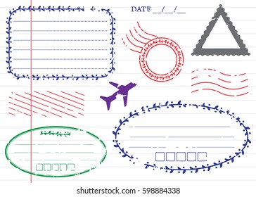 Blank postal stamps and foliage set.illustration vector