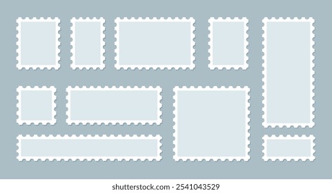 Blank postal stamps frames set. Borders with perforated edges for postcards and letters.