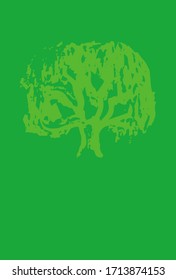 Blank postcard with handdrawn tree silhouette. Bushy tropical tree stamp or watermark on vertical card. Earth Day greeting. Summer holiday outdoor banner template. Leafy tree icon. Wild nature wood