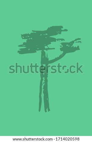Blank postcard with handdrawn tree silhouette. Tall pine stamp or watermark on vertical card. Earth Day greeting. Summer holiday outdoor banner template. Leafy tree icon. Wild nature