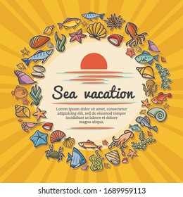 Postal en blanco sobre el tema marino con la imagen de la vida marina y un lugar para el texto. El blanco puede utilizarse en el diseño de una agencia de viajes, para el diseño de folletos de viaje, como invitación