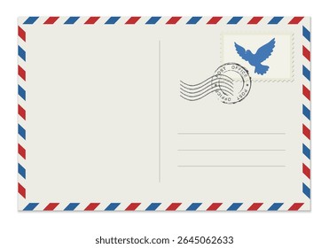 Blank postcard with rubber stamp. Mockup realistic postcard  and postage stamp with a dove.