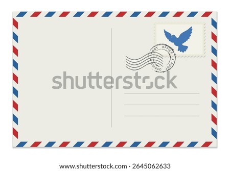 Blank postcard with rubber stamp. Mockup realistic postcard  and postage stamp with a dove.