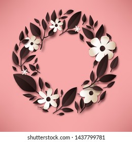 Blank postcard template flower wreath leaves and buds vector background blossom floral decor spring plants round frame greeting card mockup nature elements birthday or anniversary wedding invitation.