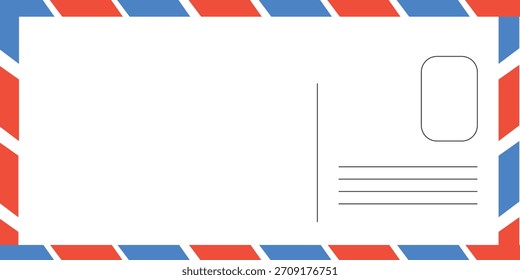 Plantilla de postal en blanco con lugar para sello. textura de papel blanco. postal de correo aéreo con borde rojo y azul