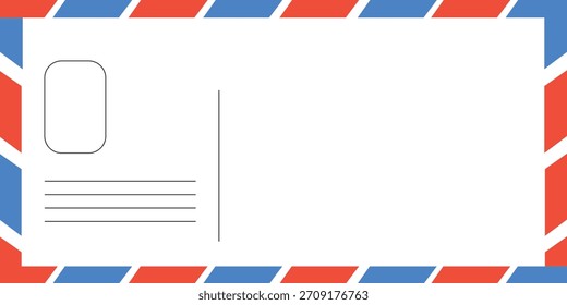 modelo de cartão postal em branco com lugar para carimbo. textura de papel branco. cartão postal de correio aéreo com borda vermelha e azul