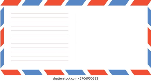 Plantilla de postal en blanco con titulares de sello blanco, rojo y azul. Textura de papel. Postal de correo aéreo con borde rojo y azul. Vector