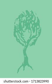 Plantilla postal verde con silueta de árbol dibujada a mano