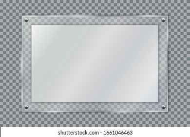 Blank poster in 3d realistic glass frame hanging on wall isolated on transparent background. Empty photo frame template, banner plexiglass holder mock-up, rectangular name plate - stock vector