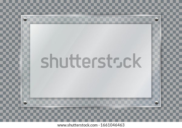 Blank poster in 3d realistic glass frame hanging\
on wall isolated on transparent background. Empty photo frame\
template, banner plexiglass holder mock-up, rectangular name plate\
- stock vector