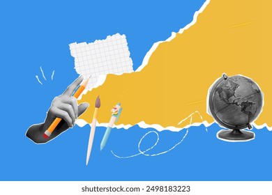 Blank poster, banner with hand and globe. Education retro halftone collage.