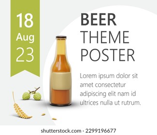 Blank for poster with beer theme. Editable text, bright ribbon with date, 3D elements. Trendy design for modern advertising. Announcement with image of beer bottle, wheat ears, hop cones