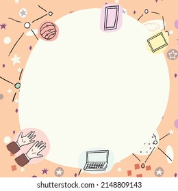 Blank poster decorated with modern technology symbols. Empty frame border surrounded by multicolor laptop mobile phone representing science and technology.