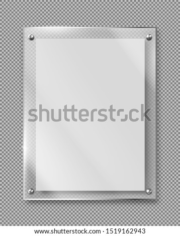 Blank poster in glass frame hanging on wall 3d realistic vector illustration isolated on transparent background. Empty photo frame template, rectangular name plate, banner plexiglass holder mock-up