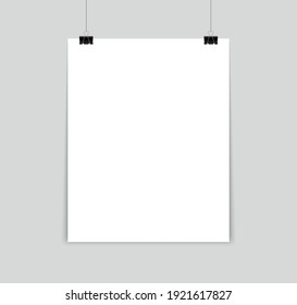 Blank Poster Hanging On A Binder Clips. A4 White Paper Sheet Hangs On A Rope With Clips. Mock Up Vertical Banner For Promotion And Advertising. Vector Illustration.